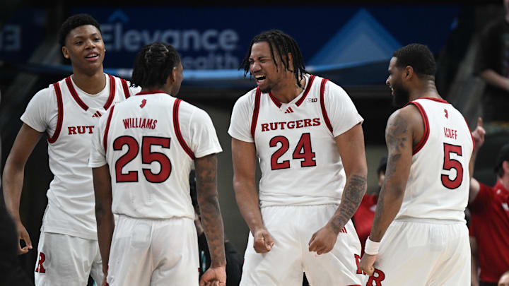 Rutgers Scarlet Knights center Lathan Sommerville (24) celebrates after a play during the second half against USC