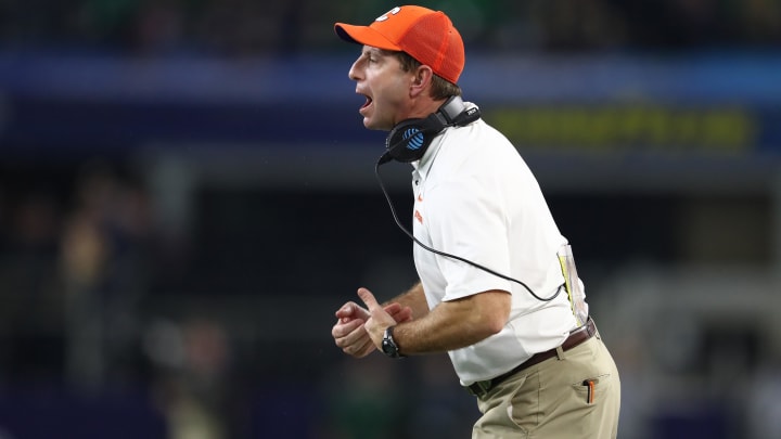 Dec 29, 2018; Arlington, TX, United States; Clemson Tigers head coach Dabo Swinney argues a call in the second half against the Notre Dame Fighting Irish in the 2018 Cotton Bowl college football playoff semifinal game at AT&T Stadium.