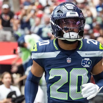 Sep 25, 2025; Glendale, Arizona, USA; Seattle Seahawks safety Julian Love (20) against the Arizona Cardinals at State Farm Stadium.