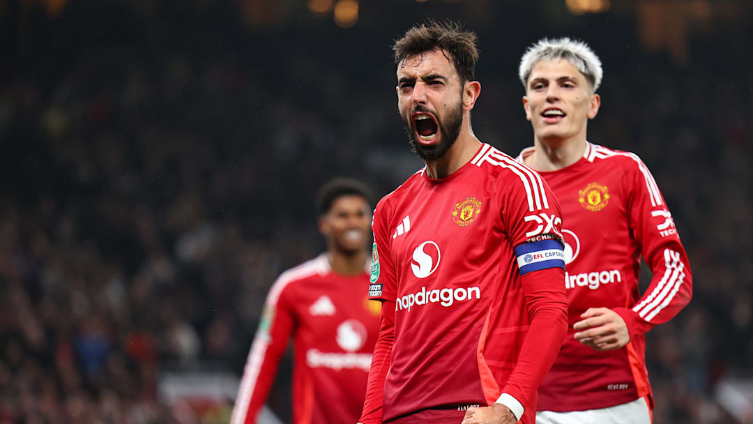 Bruno Fernandes celebrates his brace in Wednesday's 5-2 victory. 