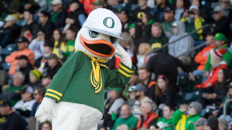 The Duck listens for the crowd as the Oregon Ducks host the Oregon State Beavers Tuesday, April 30.