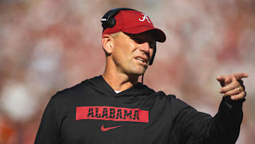 Nov 16, 2024; Tuscaloosa, Alabama, USA; Alabama Crimson Tide head coach Kalen DeBoer gestures during a timeout in the first quarter at Bryant-Denny Stadium. Mandatory Credit: Will McLelland-Imagn Images