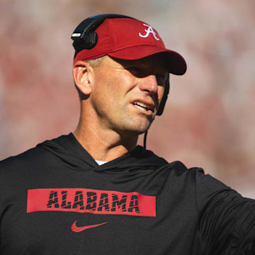 Nov 16, 2024; Tuscaloosa, Alabama, USA; Alabama Crimson Tide head coach Kalen DeBoer gestures during a timeout in the first quarter at Bryant-Denny Stadium. Mandatory Credit: Will McLelland-Imagn Images