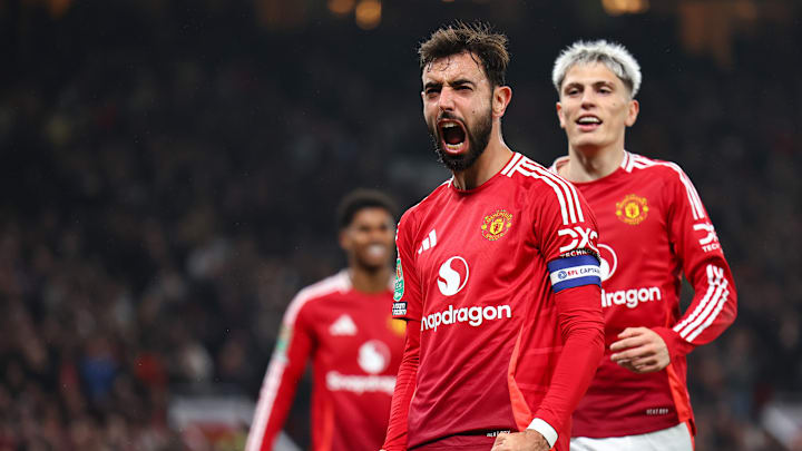 Bruno Fernandes celebrates his brace in Wednesday's 5-2 victory. 