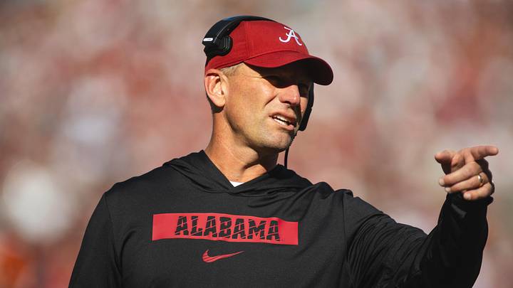 Nov 16, 2024; Tuscaloosa, Alabama, USA; Alabama Crimson Tide head coach Kalen DeBoer gestures during a timeout in the first quarter at Bryant-Denny Stadium. Mandatory Credit: Will McLelland-Imagn Images