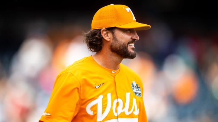 Tennessee head coach Tony Vitello smiles after a NCAA College World Series game between Tennessee and Florida Statue at Charles Schwab Field in Omaha, Neb., on Wednesday, June 19, 2024.