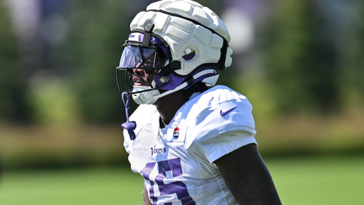 Aug 2, 2024; Eagan, MN, USA; Minnesota Vikings rookie linebacker Dallas Turner (15) warms up during practice at Vikings training camp in Eagan, MN.