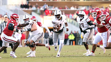 Nov 1, 2025; Fayetteville, Arkansas, USA; Mississippi State Bulldogs quarterback Kamario Taylor (1) rushes during the third quarter against the Arkansas Razorbacks at Donald W. Reynolds Razorback Stadium. Bulldogs won 38-35. Mandatory Credit: Nelson Chenault-Imagn Images