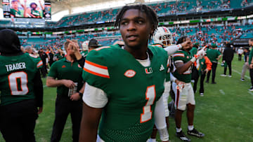 Nov 23, 2024; Miami Gardens, Florida, USA; Miami Hurricanes quarterback Cam Ward (1) looks on from the field after the game against the Wake Forest Demon Deacons at Hard Rock Stadium. Mandatory Credit: Sam Navarro-Imagn Images