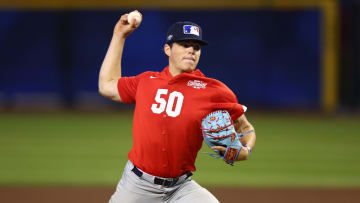 Jun 20, 2023; Phoenix, AZ, USA; Barrett Kent pitches during a high school baseball game at the MLB Draft Combine at Chase Field. Mandatory Credit: Mark J. Rebilas-USA TODAY Sports