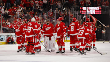 Apr 14, 2025; Detroit, Michigan, USA; The Detroit Red Wings celebrate their win over the Dallas Stars at Little Caesars Arena. Mandatory Credit: Brian Bradshaw Sevald-Imagn Images
