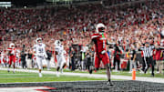 Louisville Cardinals running back Isaac Brown (1) runs into the end zone after a 78-yard gain for a fourth quarter touchdown as the Cards beat James Madison University 28-14 Friday September 5, 2025 at L&N Credit Union Stadium in Louisville, Kentucky.
