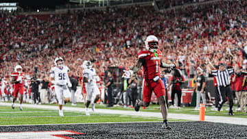 Louisville Cardinals running back Isaac Brown (1) runs into the end zone after a 78-yard gain for a fourth quarter touchdown as the Cards beat James Madison University 28-14 Friday September 5, 2025 at L&N Credit Union Stadium in Louisville, Kentucky.
