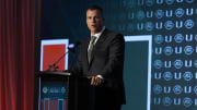 Jul 24, 2024; Charlotte, NC, USA;  Miami Hurricanes head coach Mario Cristobal speaks to the media during the ACC Kickoff at Hilton Charlotte Uptown. Mandatory Credit: Jim Dedmon-USA TODAY Sports