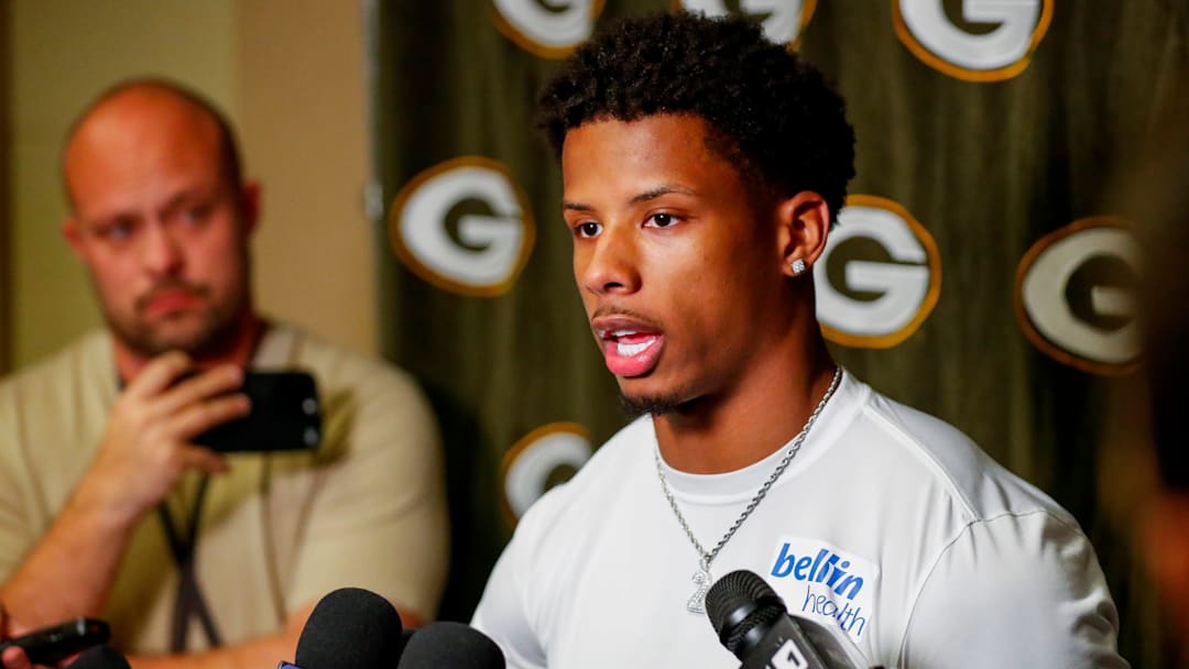 Green Bay Packers wide receiver Matthew Golden is interviewed by the media during rookie minicamp on Friday, May 2, 2025, at Lambeau Field in Green Bay, Wisconsin. The Packers selected Golden with their first round pick in the 2025 NFL Draft.
Tork Mason/USA TODAY NETWORK-Wisconsin