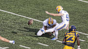 Sep 13, 2025; Morgantown, West Virginia, USA; Pittsburgh Panthers place kicker Trey Butkowski (93) kicks a field goal during the second quarter against the West Virginia Mountaineers at Milan Puskar Stadium. Mandatory Credit: Ben Queen-Imagn Images