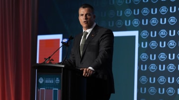 Jul 24, 2024; Charlotte, NC, USA;  Miami Hurricanes head coach Mario Cristobal speaks to the media during the ACC Kickoff at Hilton Charlotte Uptown. Mandatory Credit: Jim Dedmon-USA TODAY Sports