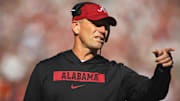 Nov 16, 2024; Tuscaloosa, Alabama, USA; Alabama Crimson Tide head coach Kalen DeBoer gestures during a timeout in the first quarter at Bryant-Denny Stadium. Mandatory Credit: Will McLelland-Imagn Images