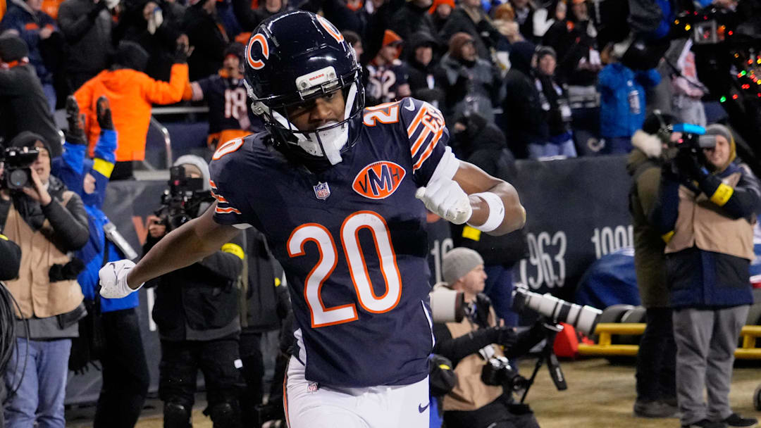 Chicago Bears wide receiver Jahdae Walker (20) celebrates after catching a six-yard touchdown pass thrown by quarterback Caleb Williams (not pictured) against the Green Bay Packers with twenty-four seconds remaining in the fourth quarter at Soldier Field. 