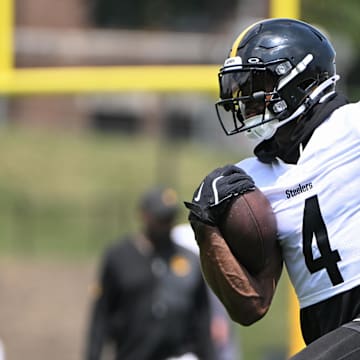 Jul 25, 2025; Pittsburgh, PA, USA; Pittsburgh Steelers wide receiver DK Metcalf (4) participates in drills during training camp at Saint Vincent College. Mandatory Credit: Barry Reeger-Imagn Images