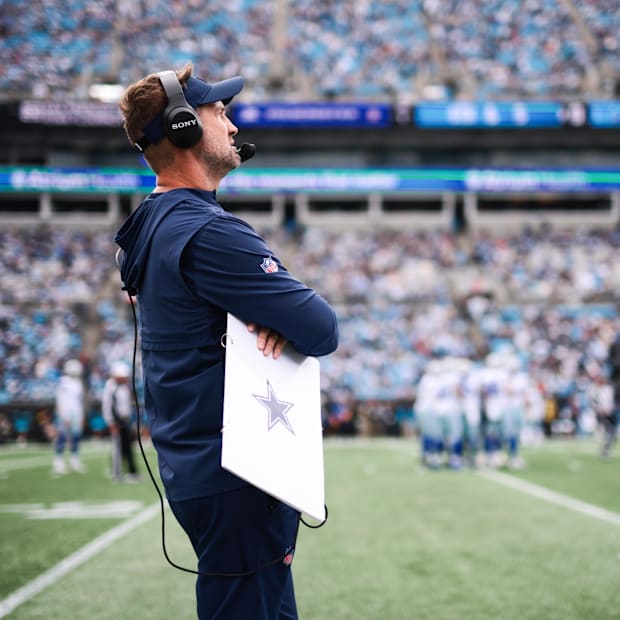 Dallas Cowboys head coach Brian Schottenheimer looks on from the sideline during the first quarter against the Carolina Panth
