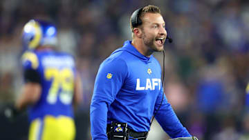 Jan 13, 2025; Glendale, AZ, USA; Los Angeles Rams head coach Sean McVay reacts against the Minnesota Vikings during the first half in an NFC wild card game at State Farm Stadium. Mandatory Credit: Mark J. Rebilas-Imagn Images
