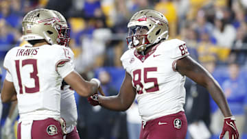 Nov 4, 2023; Pittsburgh, Pennsylvania, USA;  Florida State Seminoles quarterback Jordan Travis (13) and tight end Markeston Douglas (85) celebrate after combining for a touchdown against the Pittsburgh Panthers during the third quarter at Acrisure Stadium. The Seminoles won 24-7Mandatory Credit: Charles LeClaire-Imagn Images
