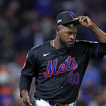 New York Mets pitcher Luis Severino (40) reacts after an out  in the third inning during game three of the NLCS for the 2024 MLB playoffs at Citi Field in 2024.