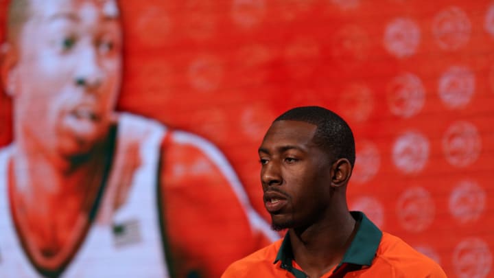 Oct 26, 2016; Charlotte, NC, USA; Davon Reed of the Miami Hurricanes speaks to the media during ACC Operation Basketball at The Ritz-Carlton. Mandatory Credit: Jim Dedmon-USA TODAY Sports