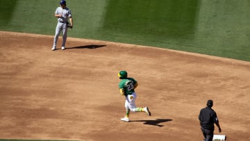 May 8, 2024; Oakland, California, USA; Oakland Athletics designated hitter Shea Langeliers (23) rounds the bases.