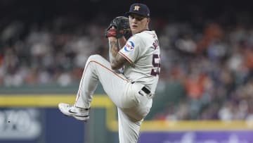 Aug 17, 2024; Houston, Texas, USA; Houston Astros starting pitcher Hunter Brown (58) delivers a pitch during the second inning against the Chicago White Sox at Minute Maid Park. Mandatory Credit: Troy Taormina-USA TODAY Sports
