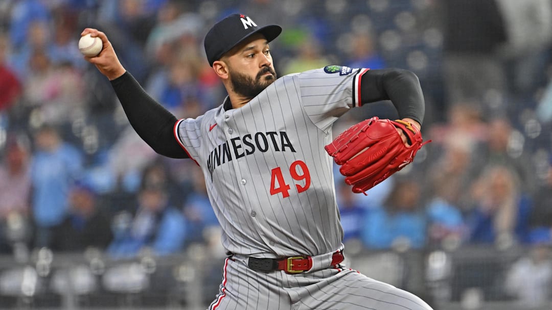 Sep 5, 2025; Kansas City, Missouri, USA;  Minnesota Twins starting pitcher Pablo Lopez (49) throws a pitch in the first inning against the Kansas City Royals at Kauffman Stadium.
