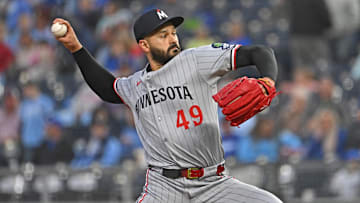 Sep 5, 2025; Kansas City, Missouri, USA;  Minnesota Twins starting pitcher Pablo Lopez (49) throws a pitch in the first inning against the Kansas City Royals at Kauffman Stadium.