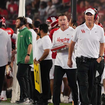 Sep 14, 2024; Houston, Texas, USA; Houston Cougars Head Coach Willie Fritz in the second quarter at TDECU Stadium. Mandatory Credit: Sean Thomas-Imagn Images