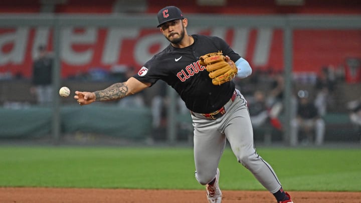 Jun 27, 2024; Kansas City, Missouri, USA; Cleveland Guardians shortstop Gabriel Arias (13) throws the ball to first base for an out in the fourth inning against the Kansas City Royals at Kauffman Stadium. Mandatory Credit: Peter Aiken-USA TODAY Sports