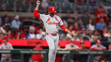 Apr 21, 2025; Atlanta, Georgia, USA; St. Louis Cardinals manager Oliver Marmol (37) makes a pitching change against the Atlanta Braves in the eighth inning at Truist Park. Mandatory Credit: Brett Davis-Imagn Images
