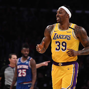 Jan 7, 2020; Los Angeles, California, USA; Los Angeles Lakers center Dwight Howard (39) celebrates in the second quarter against the New York Knicks at Staples Center. Mandatory Credit: Kirby Lee-Imagn Images