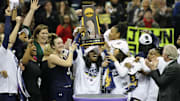 Apr 1, 2018; Columbus, OH, USA; Notre Dame Fighting Irish guard Arike Ogunbowale (middle) lifts the national championship trophy after defeating the Mississippi State Lady Bulldogs in the championship game of the women's Final Four in the 2018 NCAA Tournament at Nationwide Arena. Notre Dame won 61-58. 