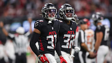 Sep 22, 2024; Atlanta, Georgia, USA; Atlanta Falcons safety Justin Simmons (31) celebrates after an interception against the Kansas City Chiefs in the first quarter at Mercedes-Benz Stadium. Mandatory Credit: Brett Davis-Imagn Images