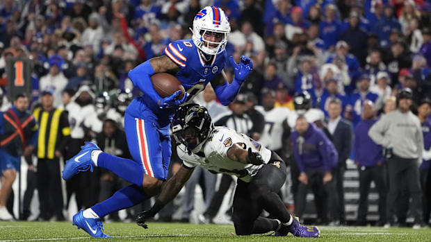 Buffalo Bills wide receiver Keon Coleman (0) runs past Baltimore Ravens cornerback Jaire Alexander (23) in the season opener.