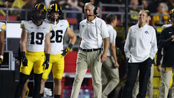 Sep 19, 2025; Piscataway, New Jersey, USA; Iowa Hawkeyes head coach Kirk Ferentz looks on during the first half against the Rutgers Scarlet Knights at SHI Stadium. Mandatory Credit: Vincent Carchietta-Imagn Images