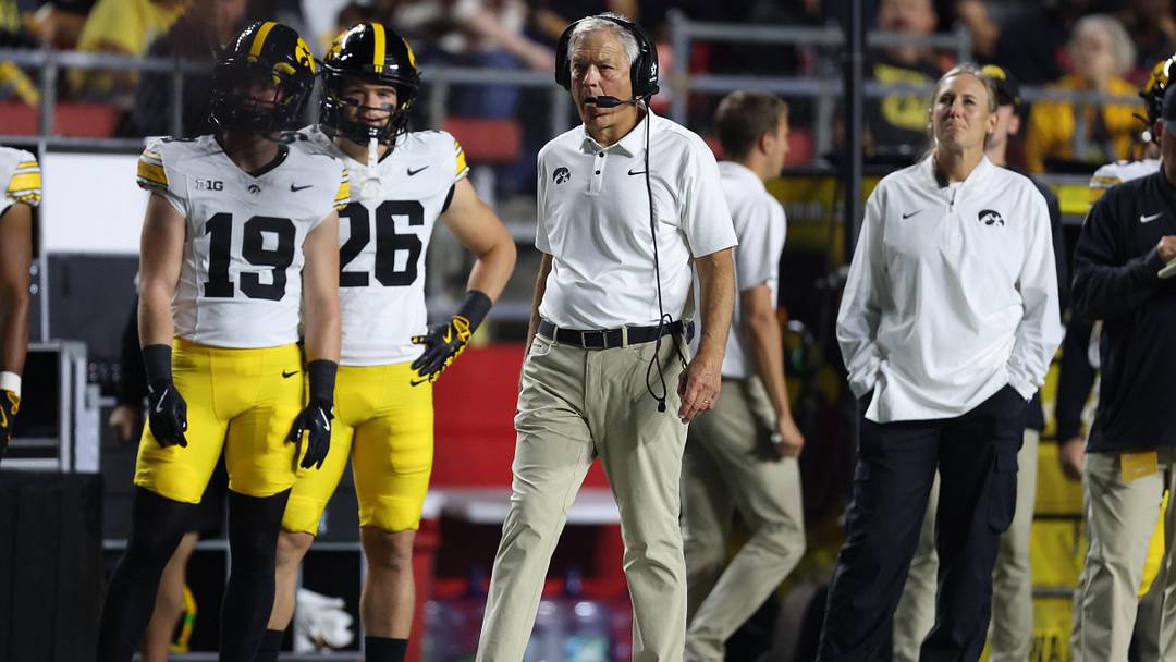 Sep 19, 2025; Piscataway, New Jersey, USA; Iowa Hawkeyes head coach Kirk Ferentz looks on during the first half against the Rutgers Scarlet Knights at SHI Stadium. Mandatory Credit: Vincent Carchietta-Imagn Images