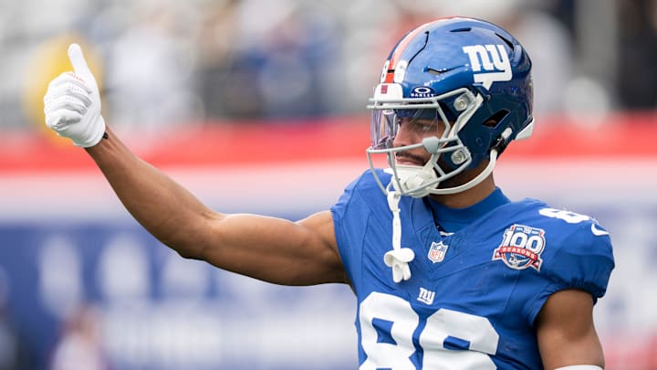 New York Giants receiver Darius Slayton warms up before a game. New York Giants receiver Darius Slayton warms up before a game.