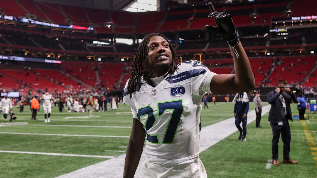 Dec 7, 2025; Atlanta, Georgia, USA; Seattle Seahawks cornerback Riq Woolen (27) celebrates after a victory over the Atlanta Falcons at Mercedes-Benz Stadium. Mandatory Credit: Brett Davis-Imagn Images