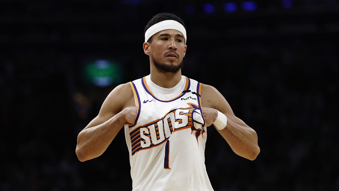 Apr 4, 2025; Boston, Massachusetts, USA; Phoenix Suns guard Devin Booker (1) during the second quarter against the Boston Celtics at TD Garden. Mandatory Credit: Winslow Townson-Imagn Images