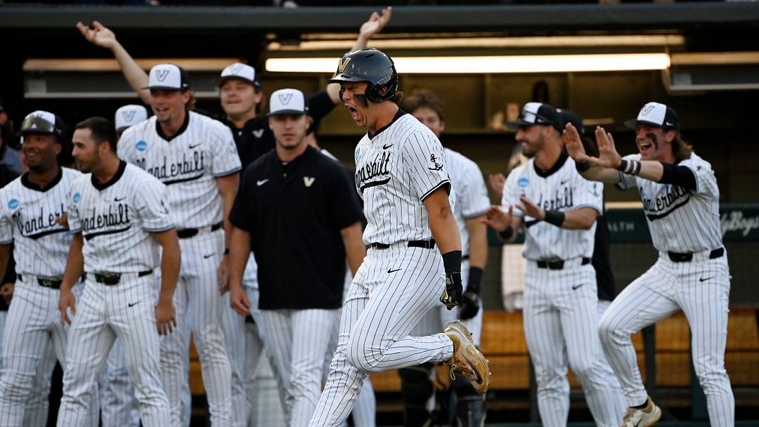 Vanderbilt’s Riley Nelson celebrates after hitting a 2-run homer giving Vanderbilt the lead in the bottom of the eighth inning of the Nashville Regional NCAA Baseball Tournament game against Wright State at Hawkins Field Friday, May 30, 2025, in Nashville, Tenn. Vanderbilt won 4-3.