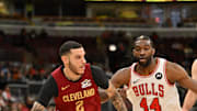 Oct 9, 2025; Chicago, Illinois, USA; Cleveland Cavaliers guard Lonzo Ball (2) drives the ball against Chicago Bulls forward Patrick Williams (44) during the first half at United Center. Mandatory Credit: Patrick Gorski-Imagn Images