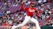 Cincinnati Reds pitcher Hunter Greene (21) delivers a pitch in the first inning of a MLB game between the Cincinnati Reds and Chicago Cubs, Thursday, Sept. 18, 2025, at Great American Ball Park in downtown Cincinnati.