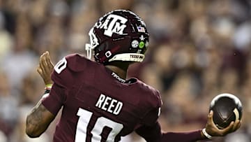 Nov 16, 2024; College Station, Texas, USA; Texas A&M Aggies quarterback Marcel Reed (10) throws the ball during the first quarter against the New Mexico State Aggies at Kyle Field. Mandatory Credit: Maria Lysaker-Imagn Images 