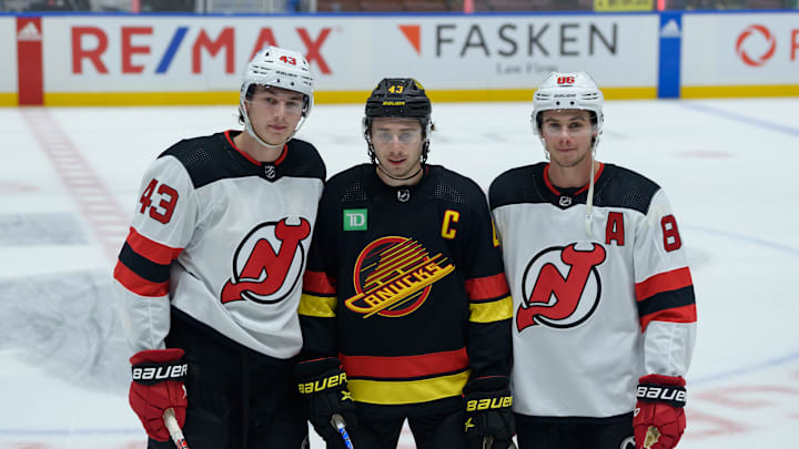 Luke Hughes, Quinn Hughes, Jack Hughes | New Jersey Devils v Vancouver Canucks